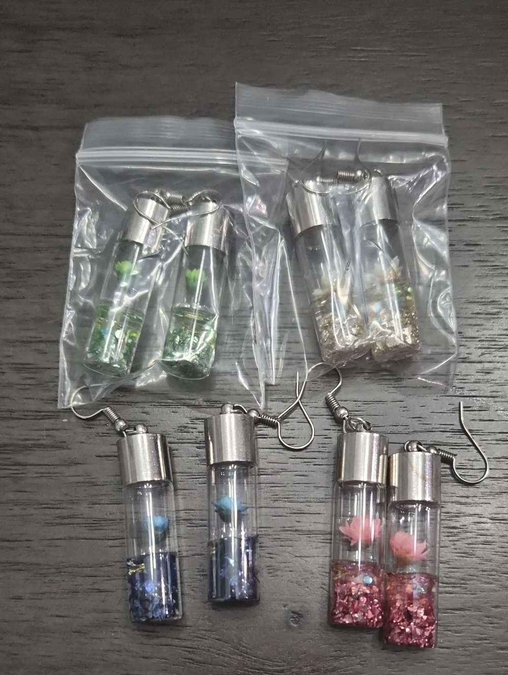 Floral Vial Earrings - Pink, Blue, Green, Gold